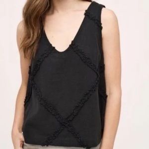 Anthropologie HD in Paris Cross Hatch Linen Fringe Tank Top Blouse Black Size 4